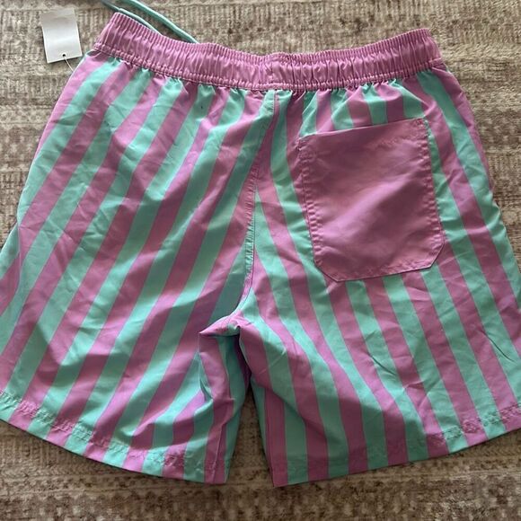 Mad engine Men’s Size Small Blue and pink Striped Swim trunks NWT - Picture 2 of 6